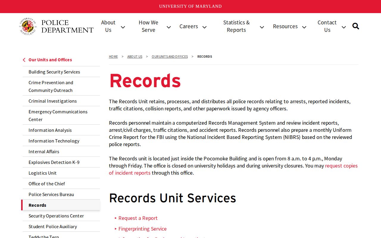 University of Maryland Police Records page for College Park arrest records