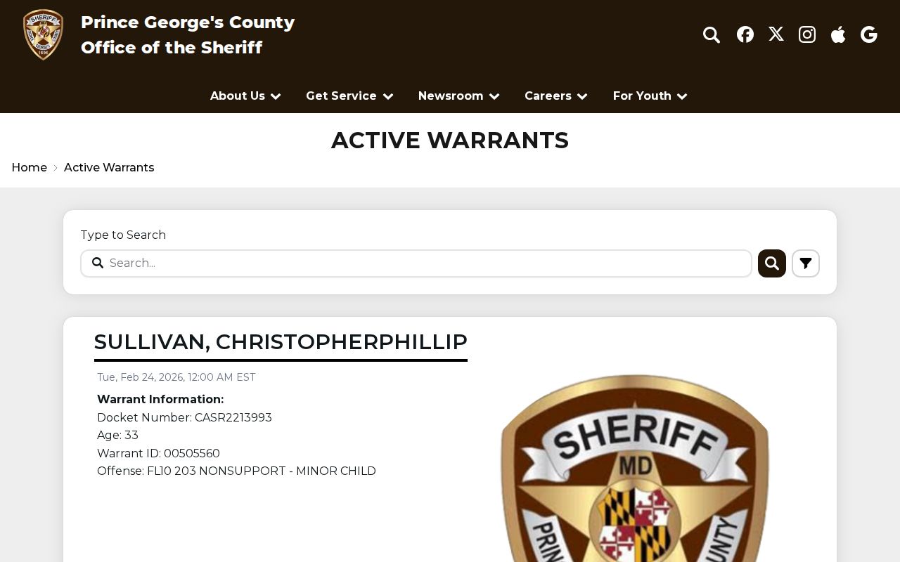 Search control on the Prince George’s County Active Warrant Database