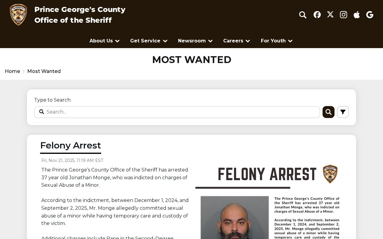 Prince George’s County Sheriff Most Wanted page interface