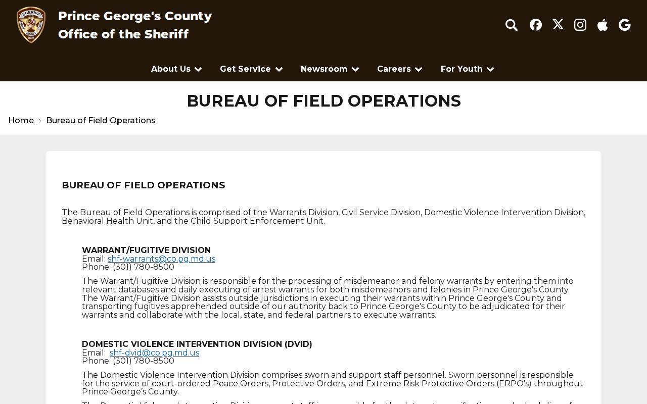 Prince George’s County Warrant and Fugitive Division contact page