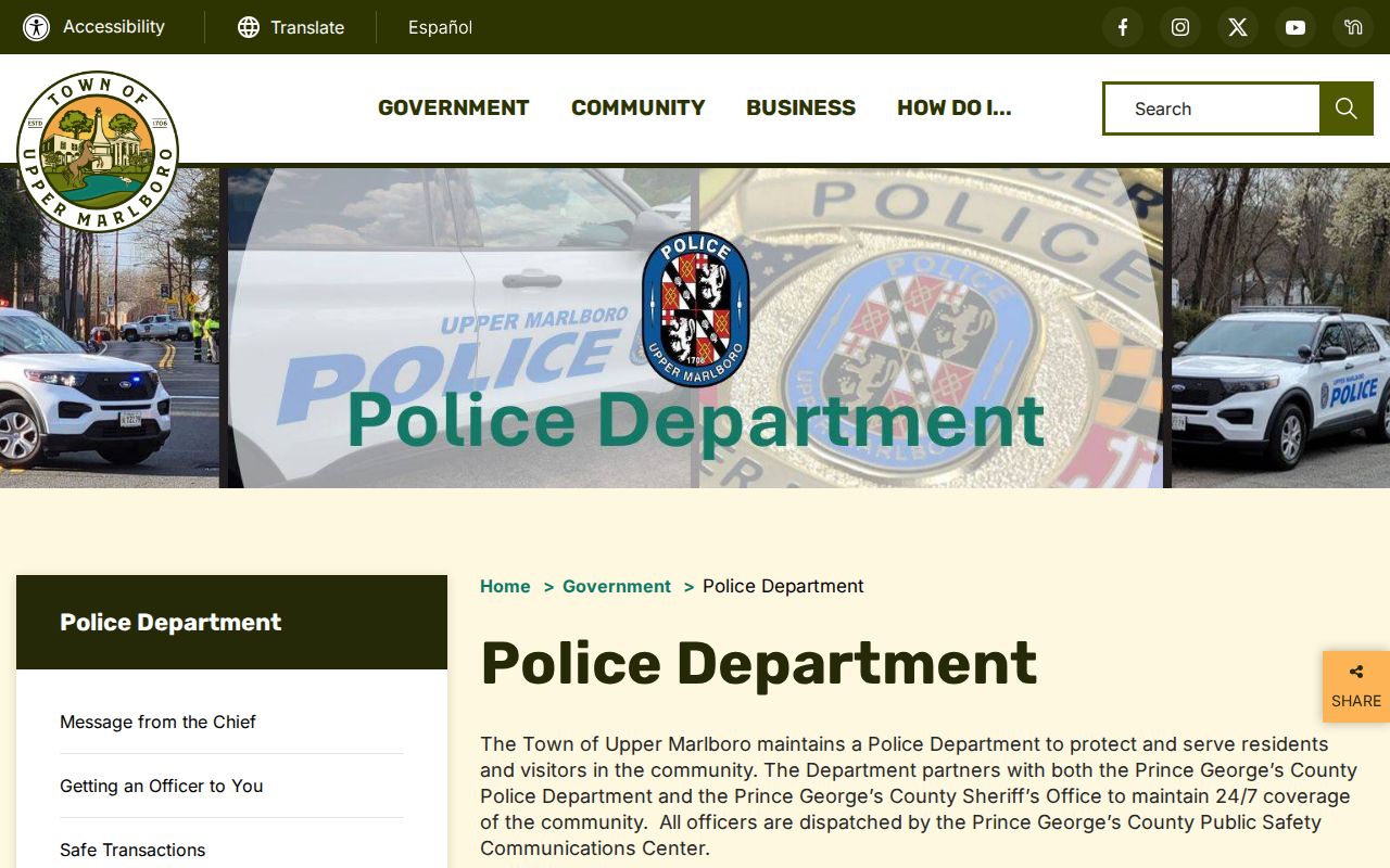 Upper Marlboro Police Department arrest records and contact page